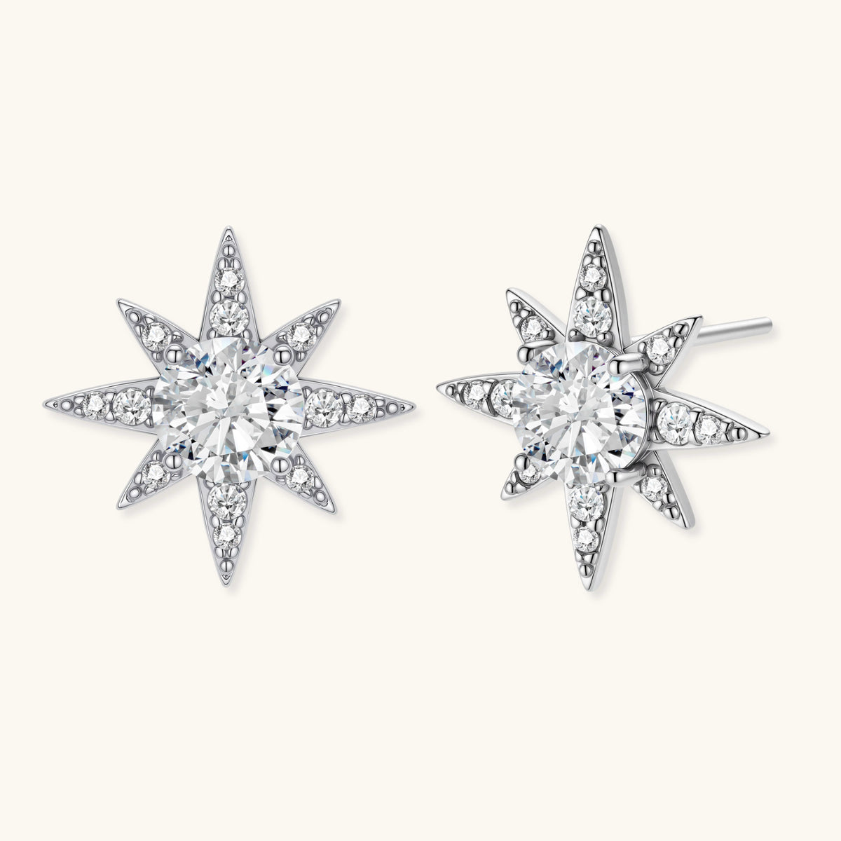 Sterling silver star-shaped stud earrings with brilliant moissanite center stones and pavé details on neutral background.