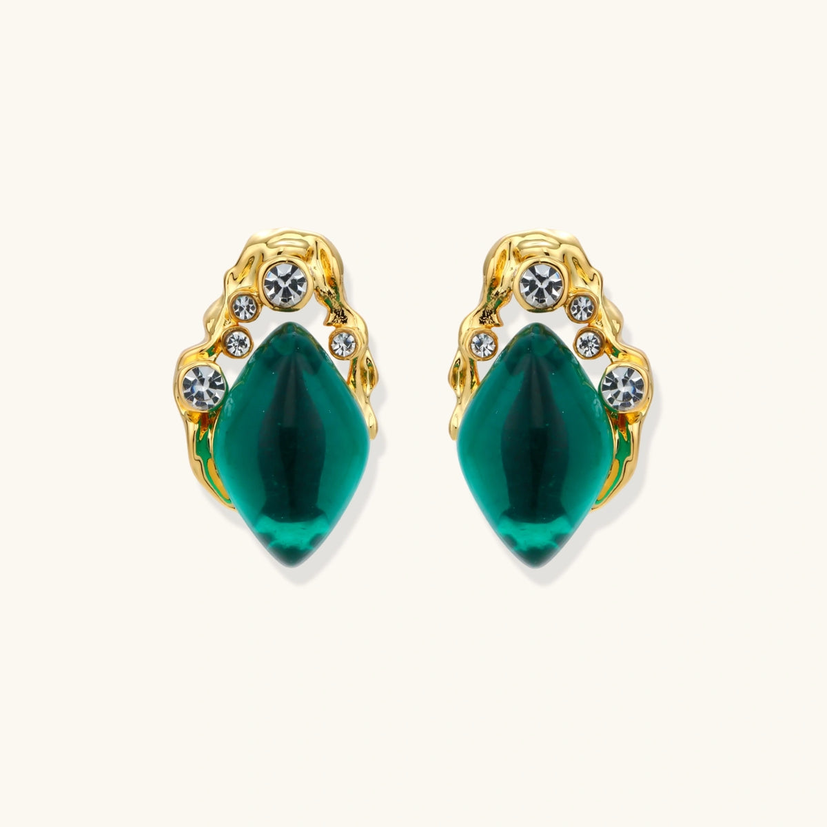 Gold-plated stud earrings featuring teardrop emerald green liuli stones with cubic zirconia crystal accents on white background.