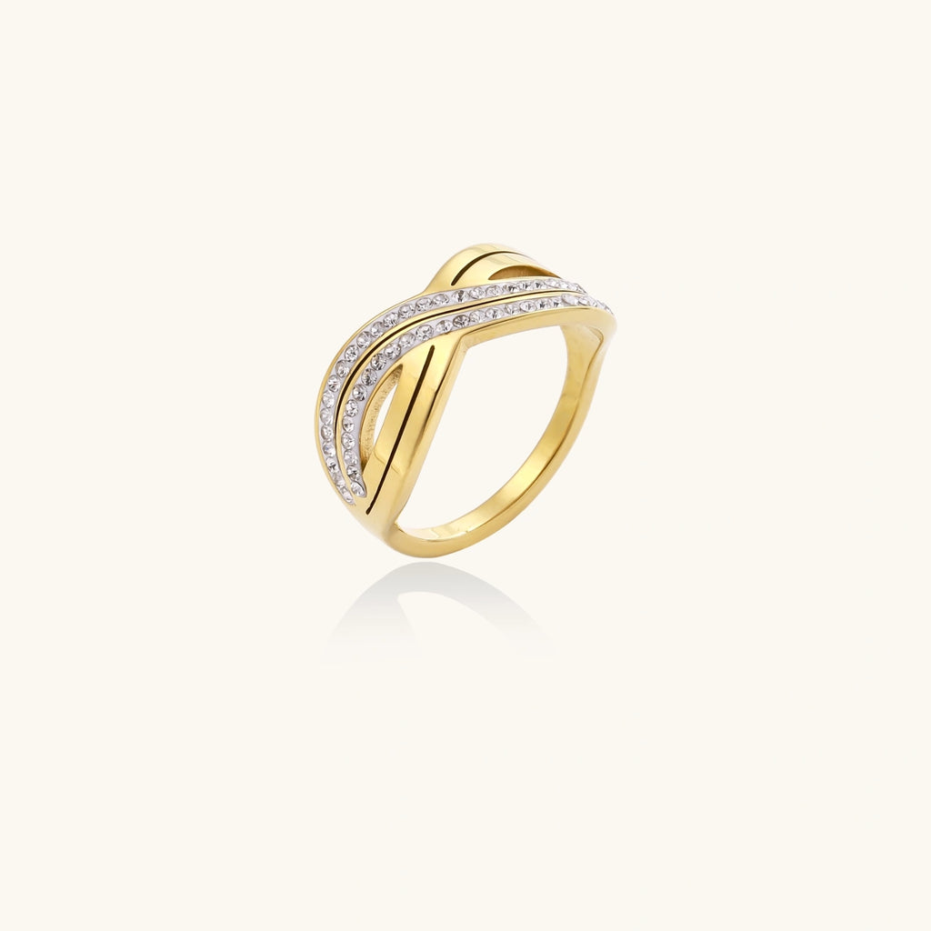 Gold-plated ring with interweaving wave bands and two rows of clear rhinestones creating an infinity pattern